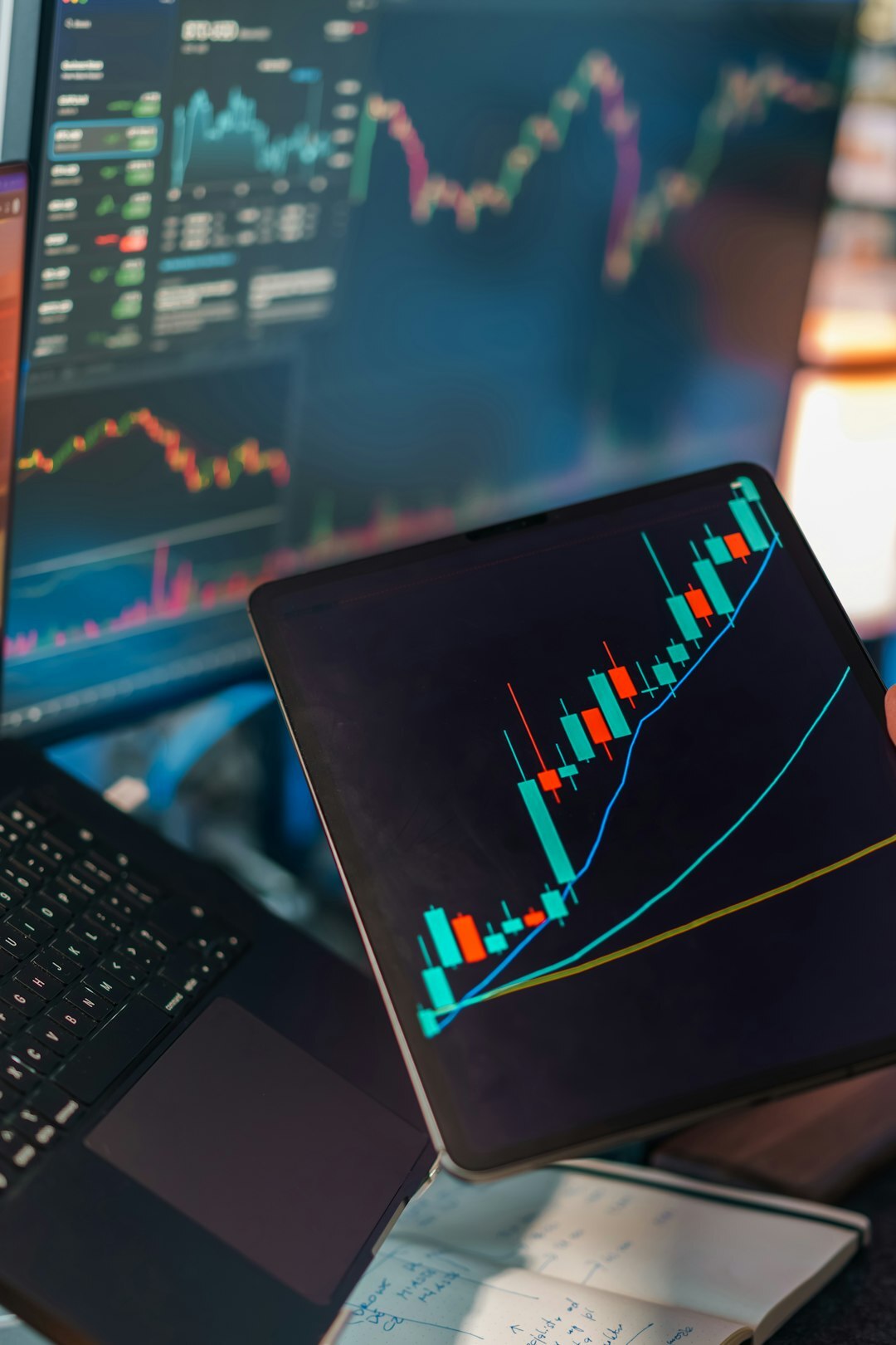 Marketing analytics dashboard displayed on a laptop screen with colorful charts and graphs